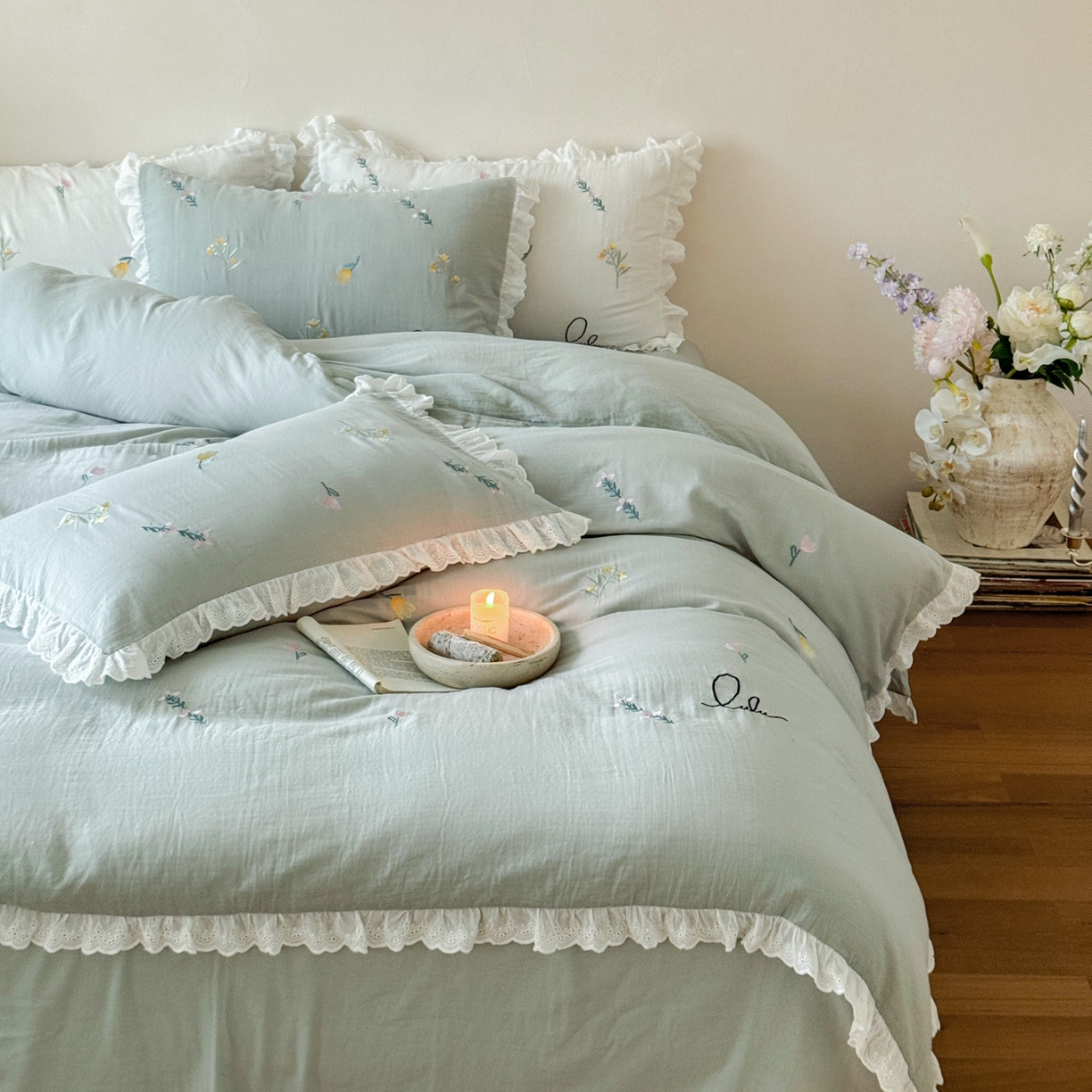 91家纺网 家纺一手货源 找家纺 FORTWO家纺原创设计（FOR TWO家纺） 2025新款40支全棉纯棉双层纱刺绣花边款四件套-小花园 小花园-绿