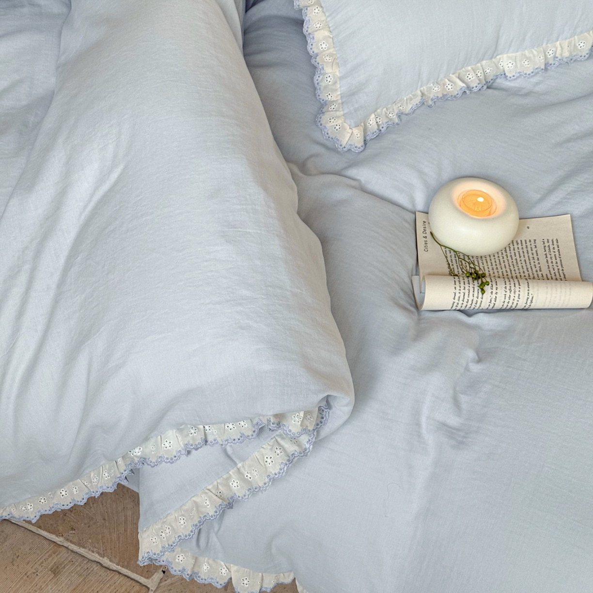 91家纺网 家纺一手货源 找家纺 FORTWO家纺原创设计（FOR TWO家纺） 2025新款双层纱刺绣花边款四件套-安妮 安妮-兰