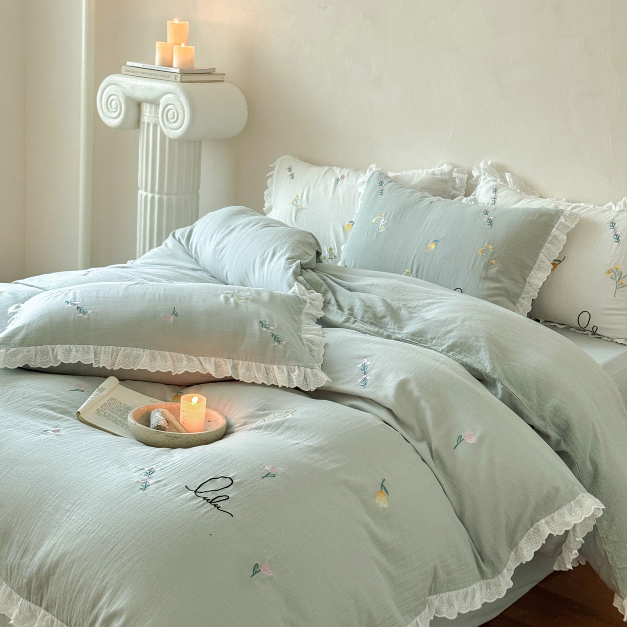 91家纺网 家纺一手货源 找家纺 FORTWO家纺原创设计（FOR TWO家纺） 2025新款40支全棉纯棉双层纱刺绣花边款四件套-小花园 小花园-绿