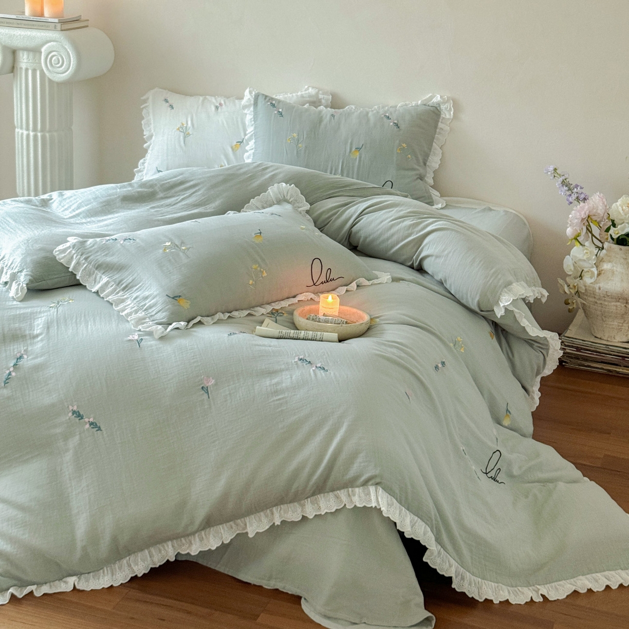 91家纺网 家纺一手货源 找家纺 FORTWO家纺原创设计（FOR TWO家纺） 2025新款40支全棉纯棉双层纱刺绣花边款四件套-小花园 小花园-绿