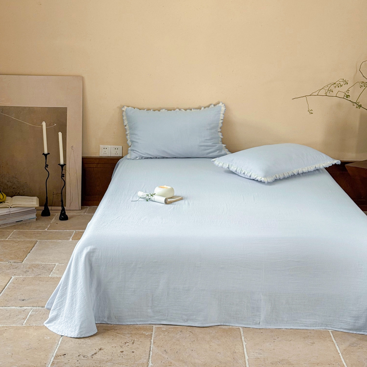 91家纺网 家纺一手货源 找家纺 FORTWO家纺原创设计（FOR TWO家纺） 2025新款双层纱刺绣花边款四件套-安妮 安妮-兰