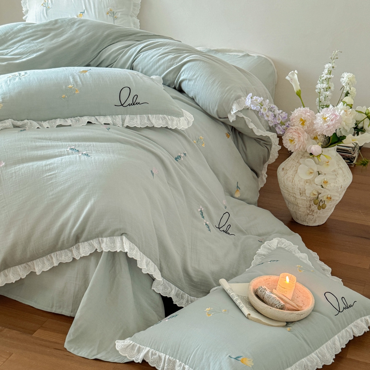 91家纺网 家纺一手货源 找家纺 FORTWO家纺原创设计（FOR TWO家纺） 2025新款40支全棉纯棉双层纱刺绣花边款四件套-小花园 小花园-绿