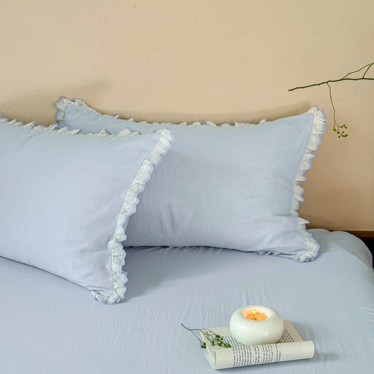 91家纺网 家纺一手货源 找家纺 FORTWO家纺原创设计（FOR TWO家纺） 2025新款双层纱刺绣花边款四件套-安妮 安妮-兰