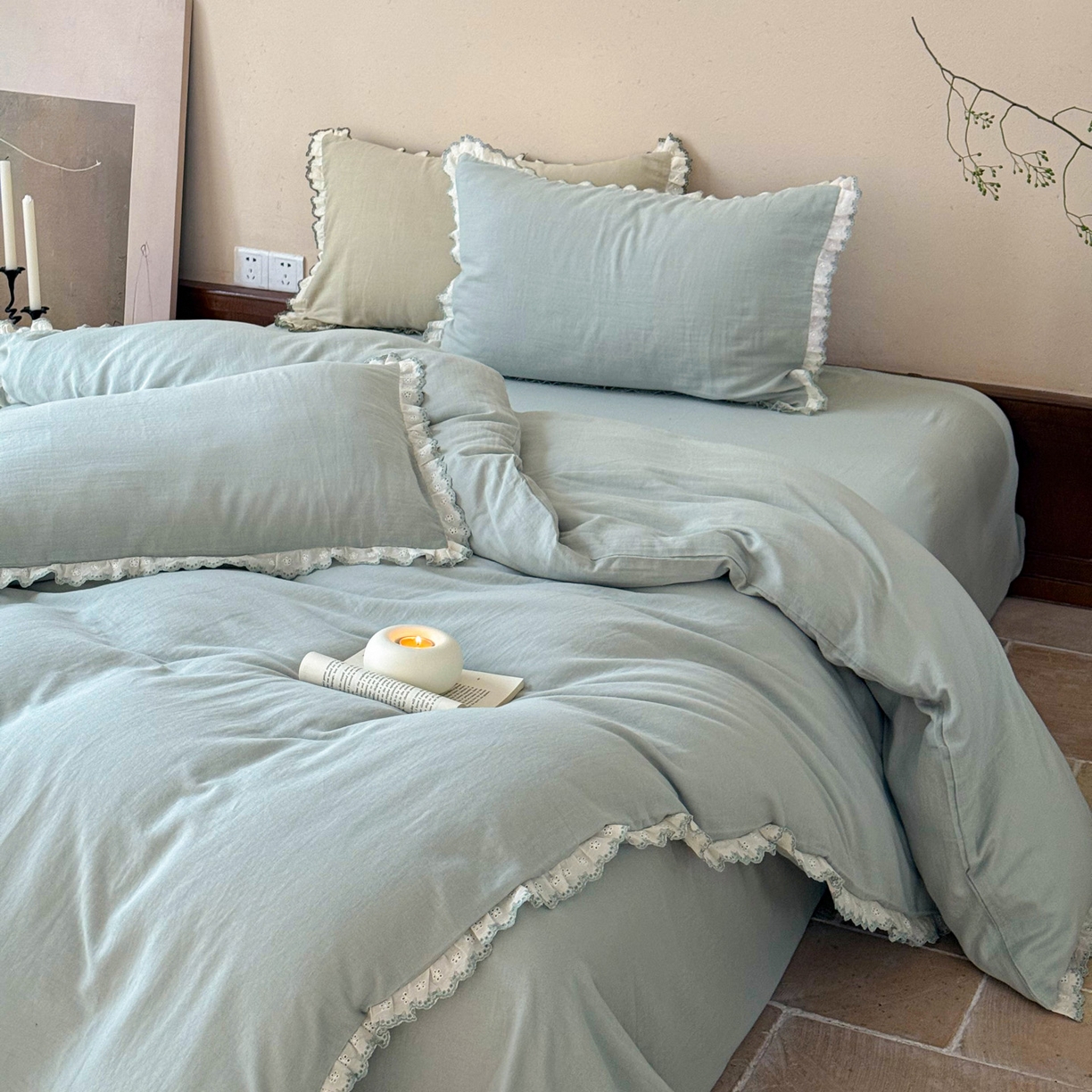 91家纺网 家纺一手货源 找家纺 FORTWO家纺原创设计（FOR TWO家纺） 2025新款双层纱刺绣花边款四件套-安妮 安妮-绿