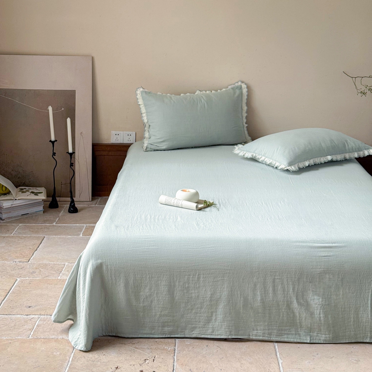 91家纺网 家纺一手货源 找家纺 FORTWO家纺原创设计（FOR TWO家纺） 2025新款双层纱刺绣花边款四件套-安妮 安妮-绿