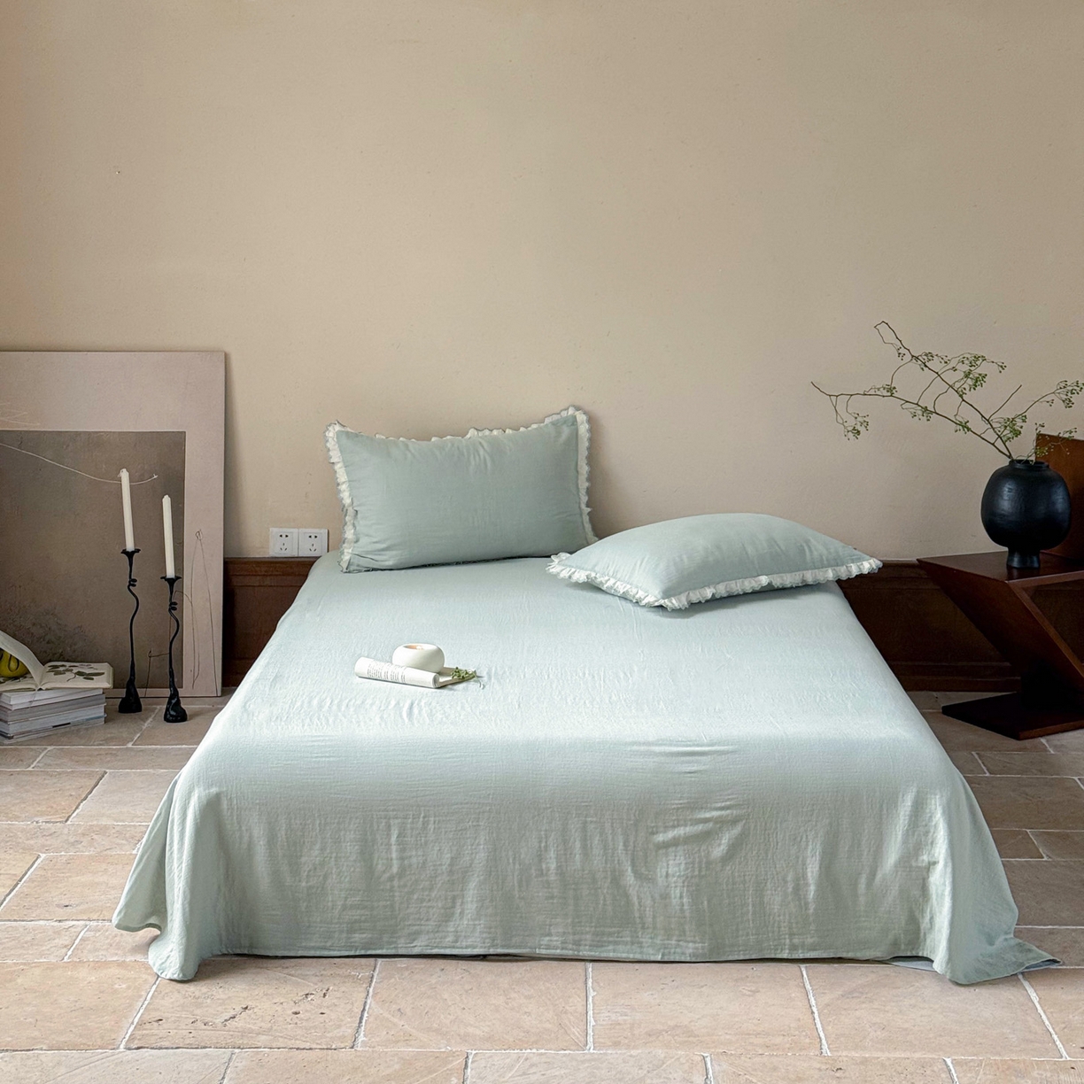 91家纺网 家纺一手货源 找家纺 FORTWO家纺原创设计（FOR TWO家纺） 2025新款双层纱刺绣花边款四件套-安妮 安妮-绿