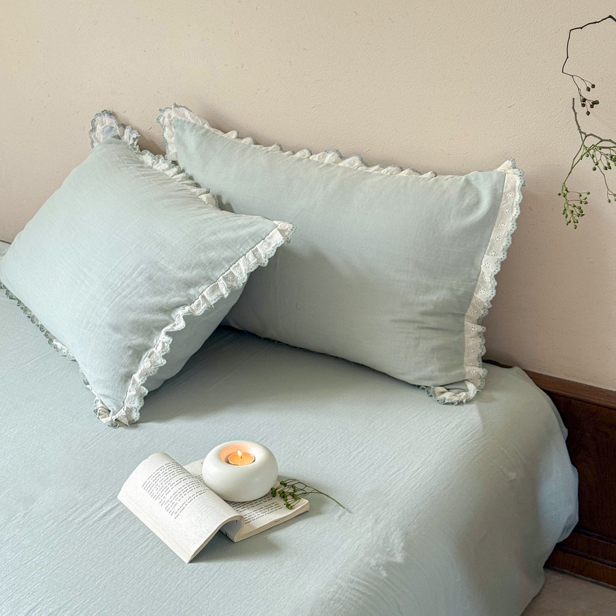 91家纺网 家纺一手货源 找家纺 FORTWO家纺原创设计（FOR TWO家纺） 2025新款双层纱刺绣花边款四件套-安妮 安妮-绿