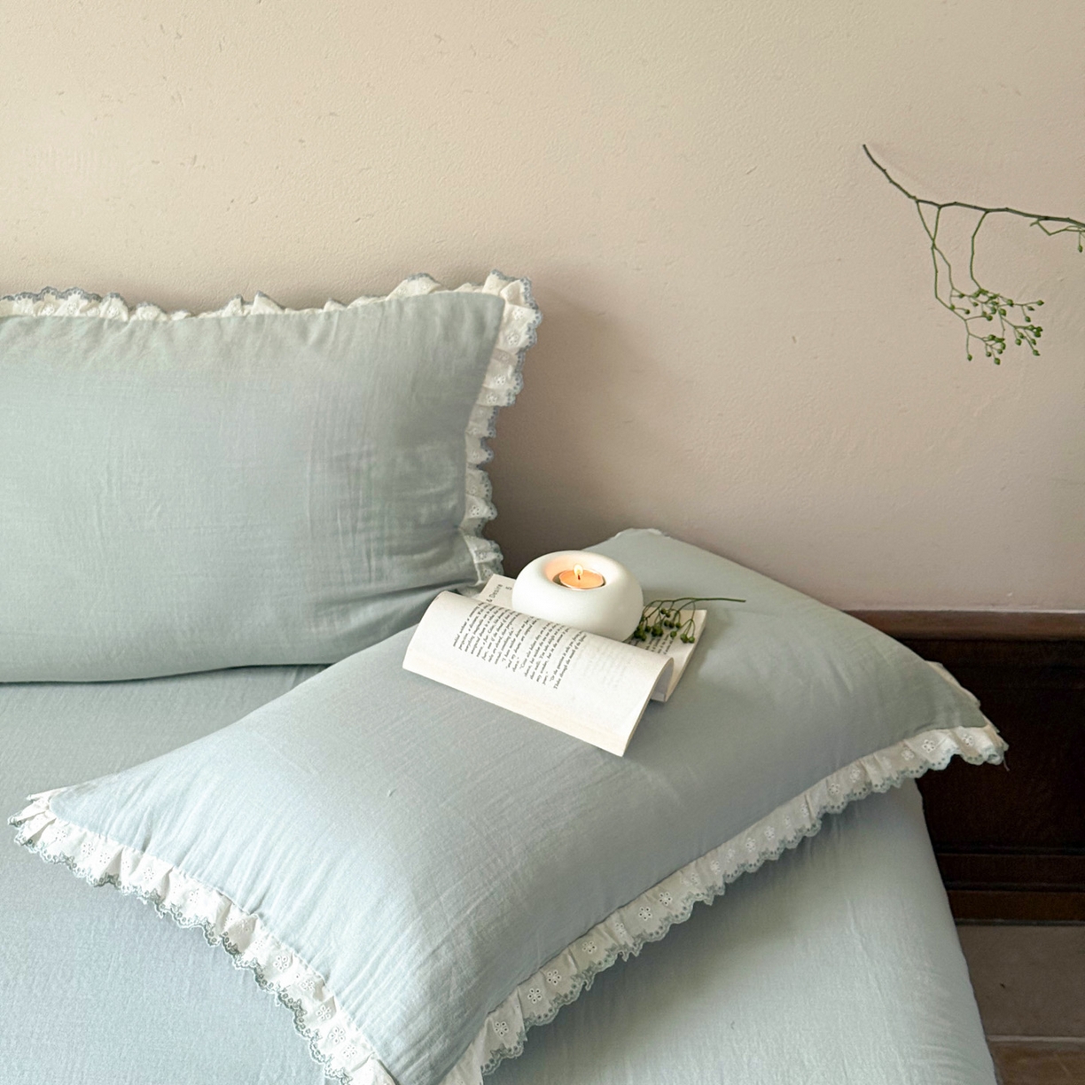 91家纺网 家纺一手货源 找家纺 FORTWO家纺原创设计（FOR TWO家纺） 2025新款双层纱刺绣花边款四件套-安妮 安妮-绿