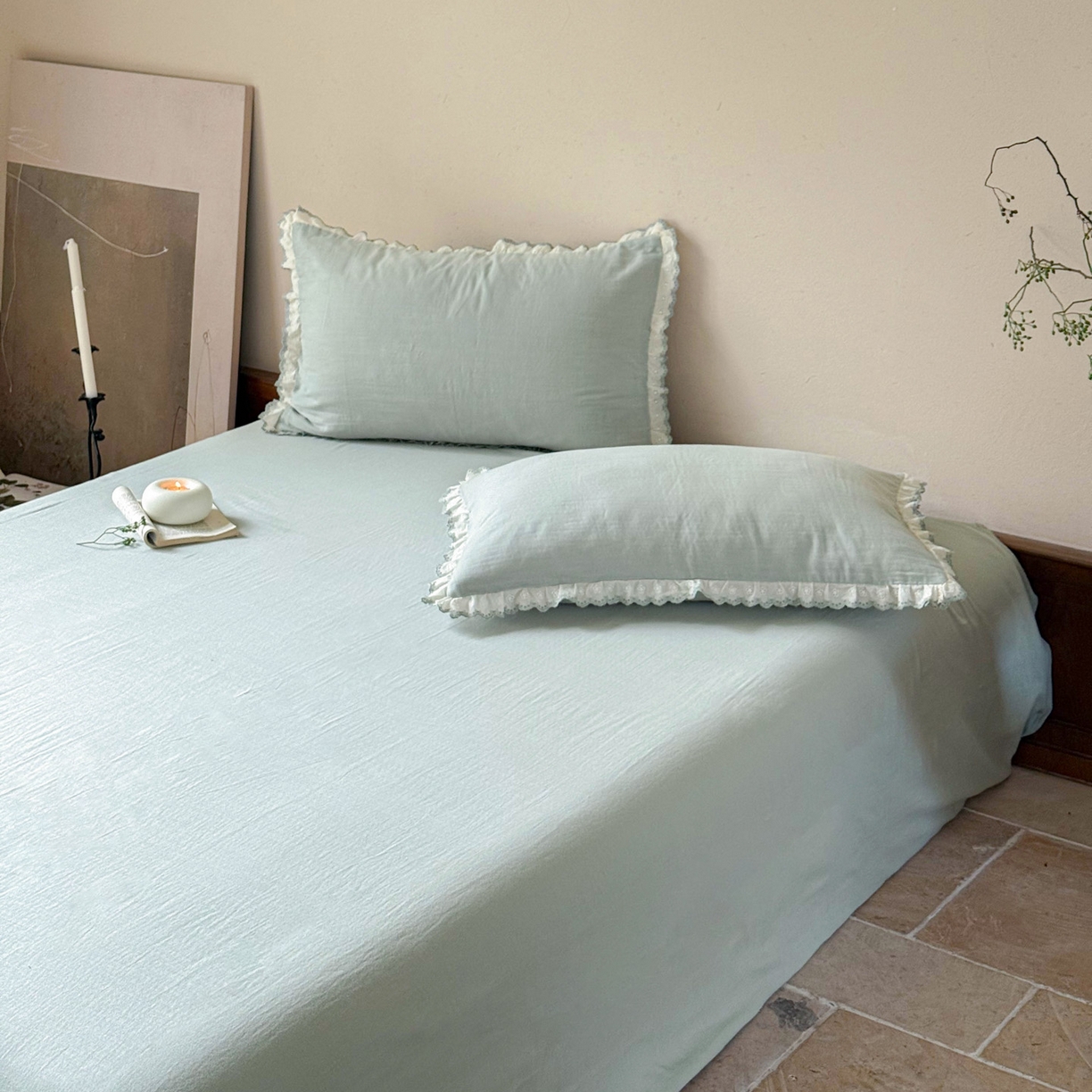 91家纺网 家纺一手货源 找家纺 FORTWO家纺原创设计（FOR TWO家纺） 2025新款双层纱刺绣花边款四件套-安妮 安妮-绿