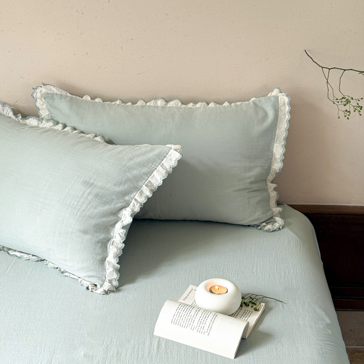 91家纺网 家纺一手货源 找家纺 FORTWO家纺原创设计（FOR TWO家纺） 2025新款双层纱刺绣花边款四件套-安妮 安妮-绿