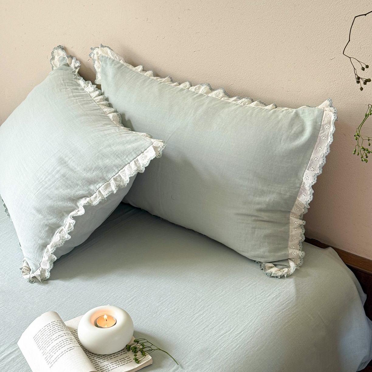 91家纺网 家纺一手货源 找家纺 FORTWO家纺原创设计（FOR TWO家纺） 2025新款双层纱刺绣花边款四件套-安妮 安妮-绿