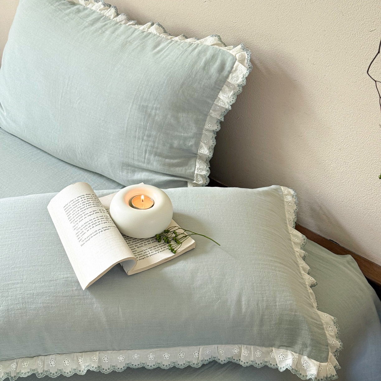 91家纺网 家纺一手货源 找家纺 FORTWO家纺原创设计（FOR TWO家纺） 2025新款双层纱刺绣花边款四件套-安妮 安妮-绿