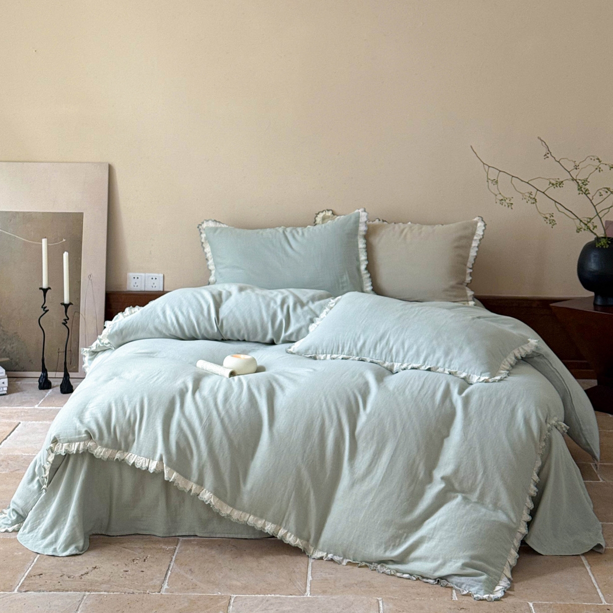 91家纺网 家纺一手货源 找家纺 FORTWO家纺原创设计（FOR TWO家纺） 2025新款双层纱刺绣花边款四件套-安妮 安妮-绿