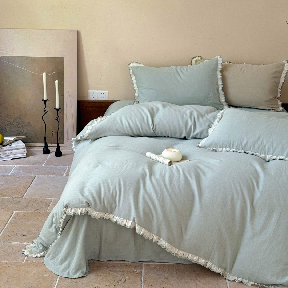 91家纺网 家纺一手货源 找家纺 FORTWO家纺原创设计（FOR TWO家纺） 2025新款双层纱刺绣花边款四件套-安妮 安妮-绿