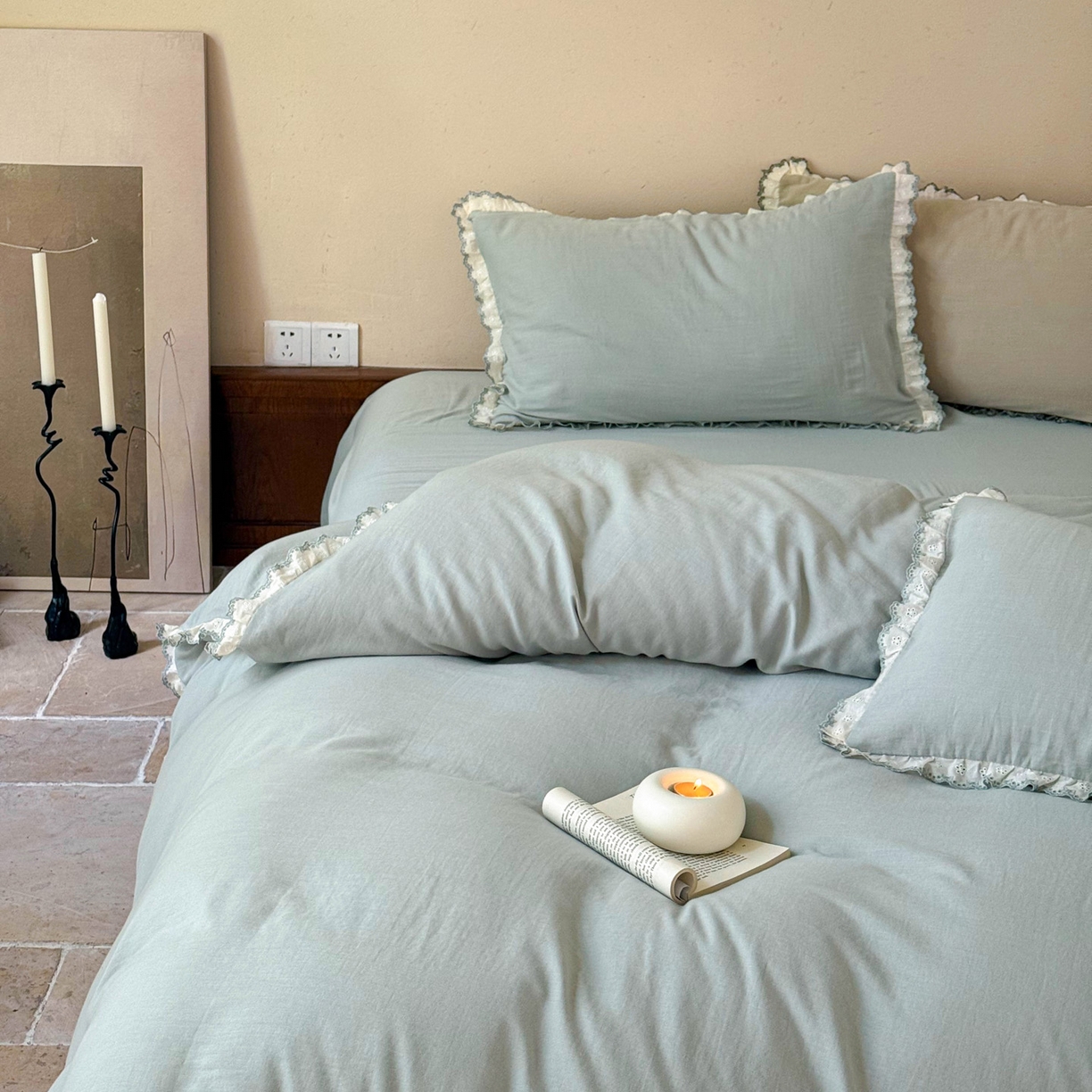 91家纺网 家纺一手货源 找家纺 FORTWO家纺原创设计（FOR TWO家纺） 2025新款双层纱刺绣花边款四件套-安妮 安妮-绿