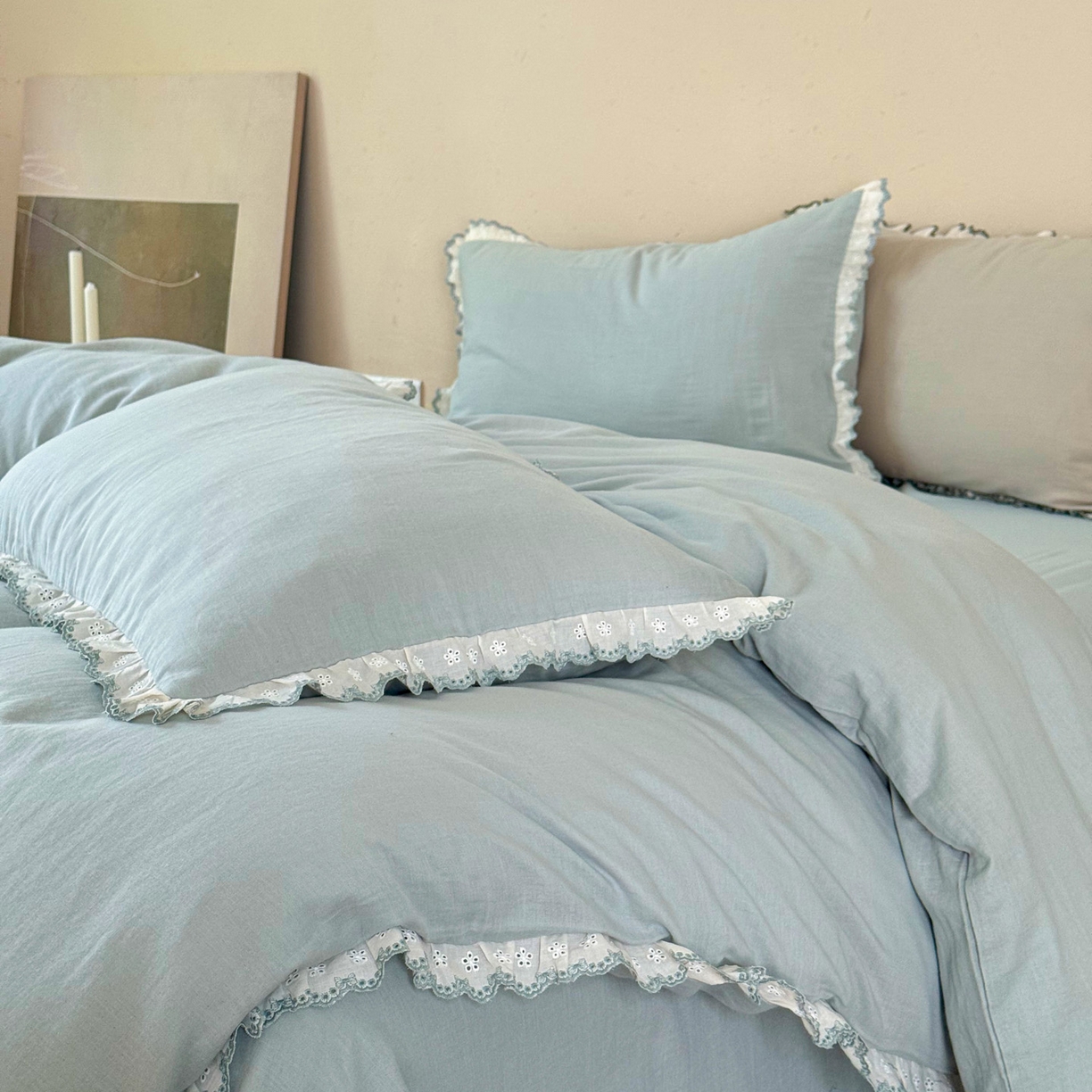 91家纺网 家纺一手货源 找家纺 FORTWO家纺原创设计（FOR TWO家纺） 2025新款双层纱刺绣花边款四件套-安妮 安妮-绿