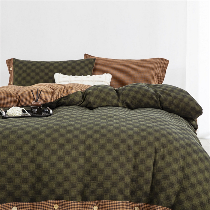 91家纺网 家纺一手货源 找家纺 双层纱家居 2025新款格子款双层纱四件套 朦胧格禄