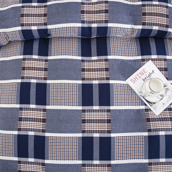 91家纺网 家纺一手货源 找家纺 双层纱家居 2025新款格子款双层纱四件套 朦胧蓝大格