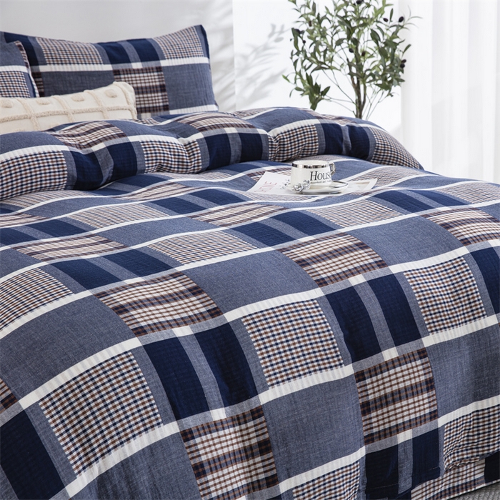 91家纺网 家纺一手货源 找家纺 双层纱家居 2025新款格子款双层纱四件套 朦胧蓝大格