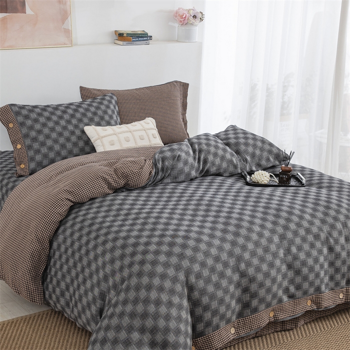 91家纺网 家纺一手货源 找家纺 双层纱家居 2025新款格子款双层纱四件套 朦胧格浅灰