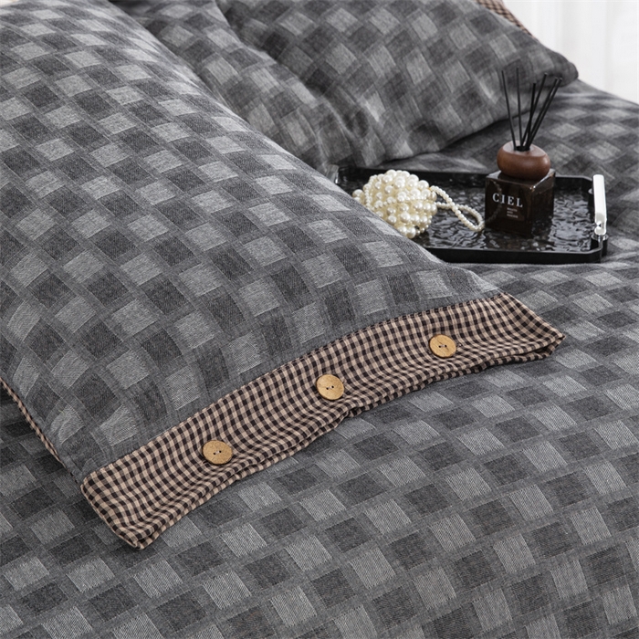 91家纺网 家纺一手货源 找家纺 双层纱家居 2025新款格子款双层纱四件套 朦胧格浅灰