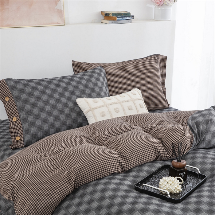 91家纺网 家纺一手货源 找家纺 双层纱家居 2025新款格子款双层纱四件套 朦胧格浅灰