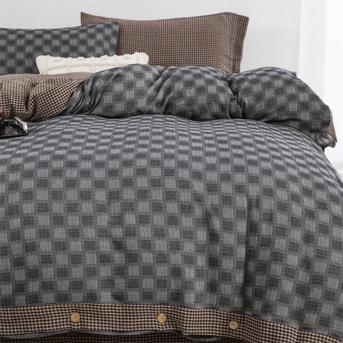 91家纺网 家纺一手货源 找家纺 双层纱家居 2025新款格子款双层纱四件套 朦胧格浅灰