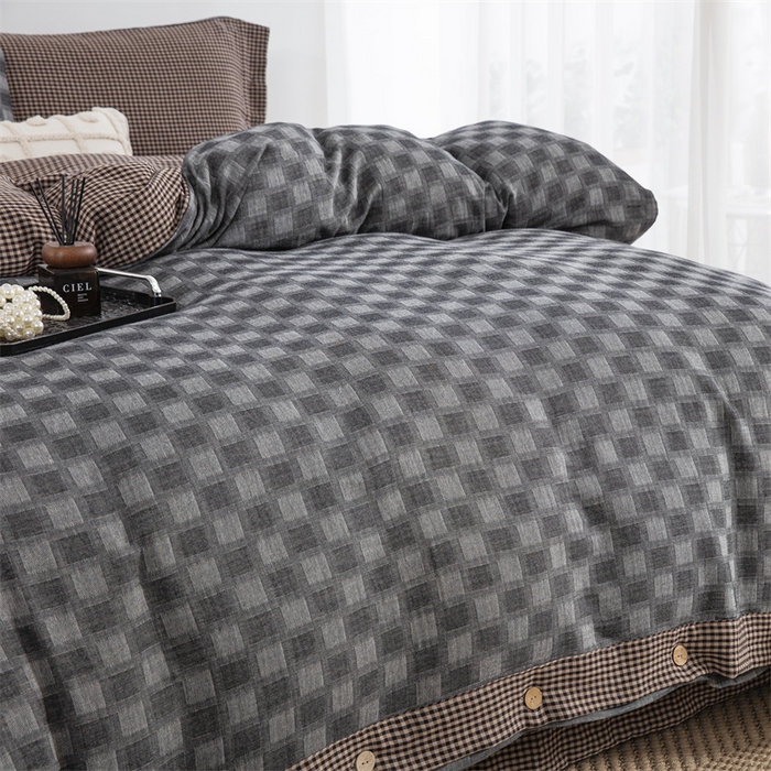 91家纺网 家纺一手货源 找家纺 双层纱家居 2025新款格子款双层纱四件套 朦胧格浅灰