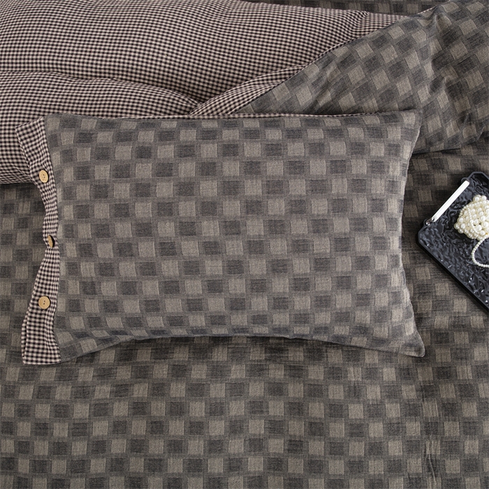 91家纺网 家纺一手货源 找家纺 双层纱家居 2025新款格子款双层纱四件套 朦胧格深灰