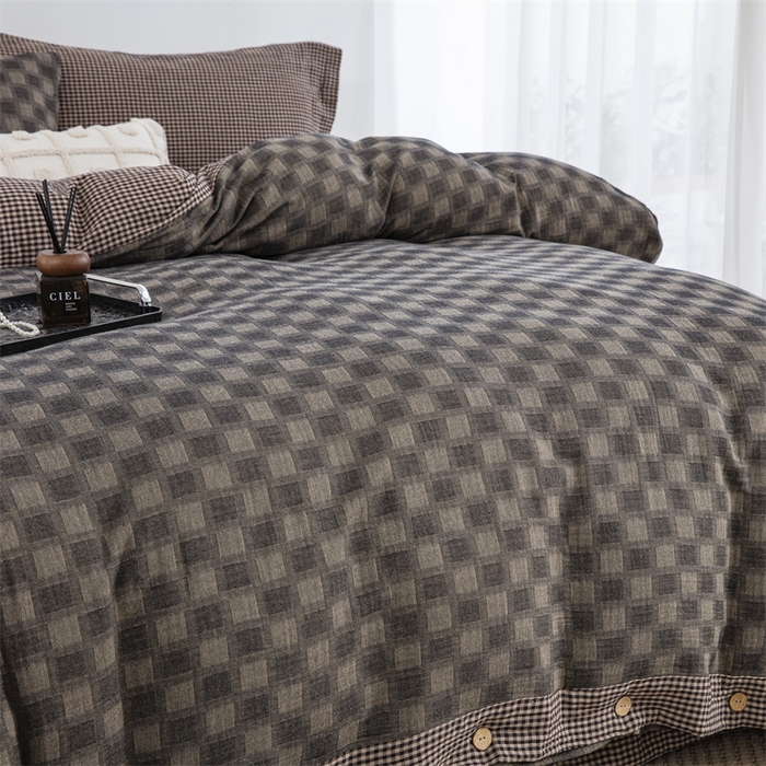 91家纺网 家纺一手货源 找家纺 双层纱家居 2025新款格子款双层纱四件套 朦胧格深灰