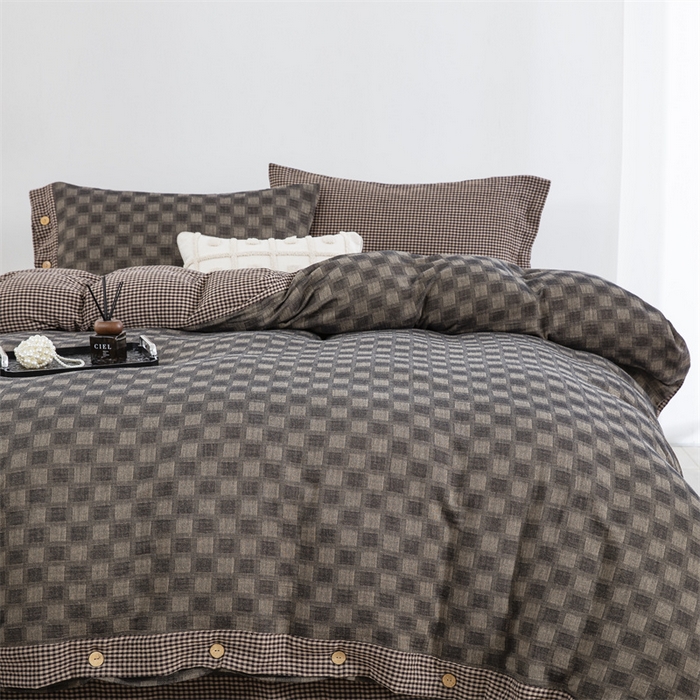 91家纺网 家纺一手货源 找家纺 双层纱家居 2025新款格子款双层纱四件套 朦胧格深灰