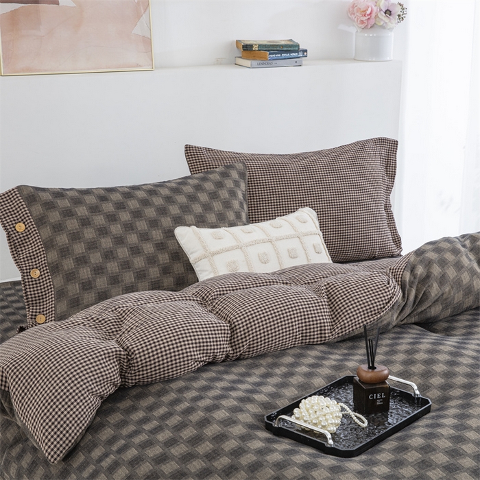 91家纺网 家纺一手货源 找家纺 双层纱家居 2025新款格子款双层纱四件套 朦胧格深灰