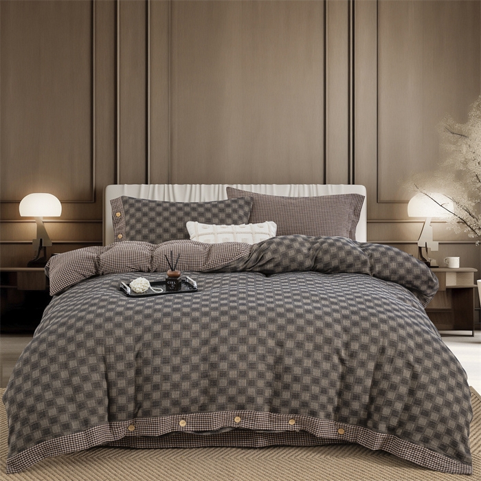 双层纱家居 2025新款格子款双层纱四件套 朦胧格深灰