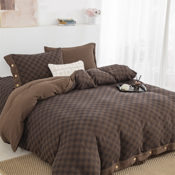 91家纺网 家纺一手货源 找家纺 双层纱家居 2025新款格子款双层纱四件套 朦胧格深咖色