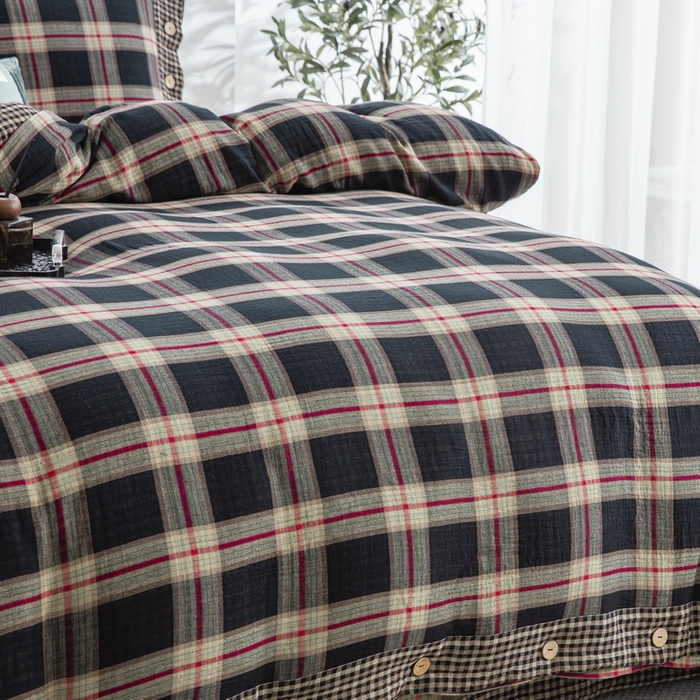 91家纺网 家纺一手货源 找家纺 双层纱家居 2025新款格子款双层纱四件套 双层纱兰格