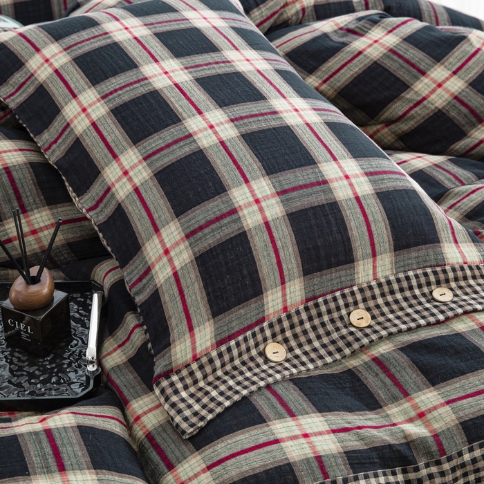 91家纺网 家纺一手货源 找家纺 双层纱家居 2025新款格子款双层纱四件套 双层纱兰格