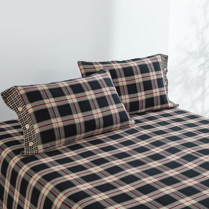 91家纺网 家纺一手货源 找家纺 双层纱家居 2025新款格子款双层纱四件套 双层纱兰格