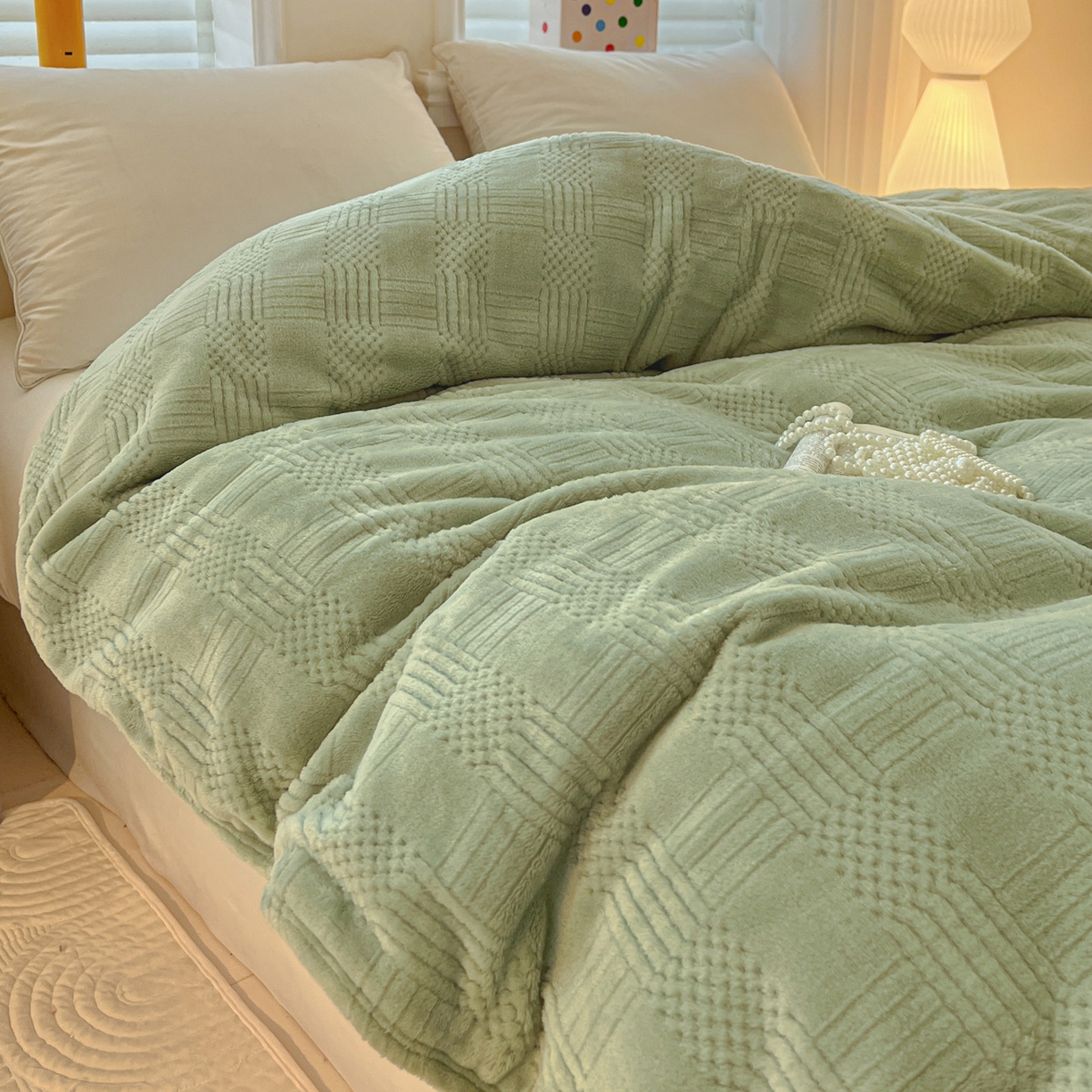 91家纺网 家纺一手货源 找家纺 美洲琳 2025新款提花简约珊瑚绒法莱绒毯毛毯毯子 绿色