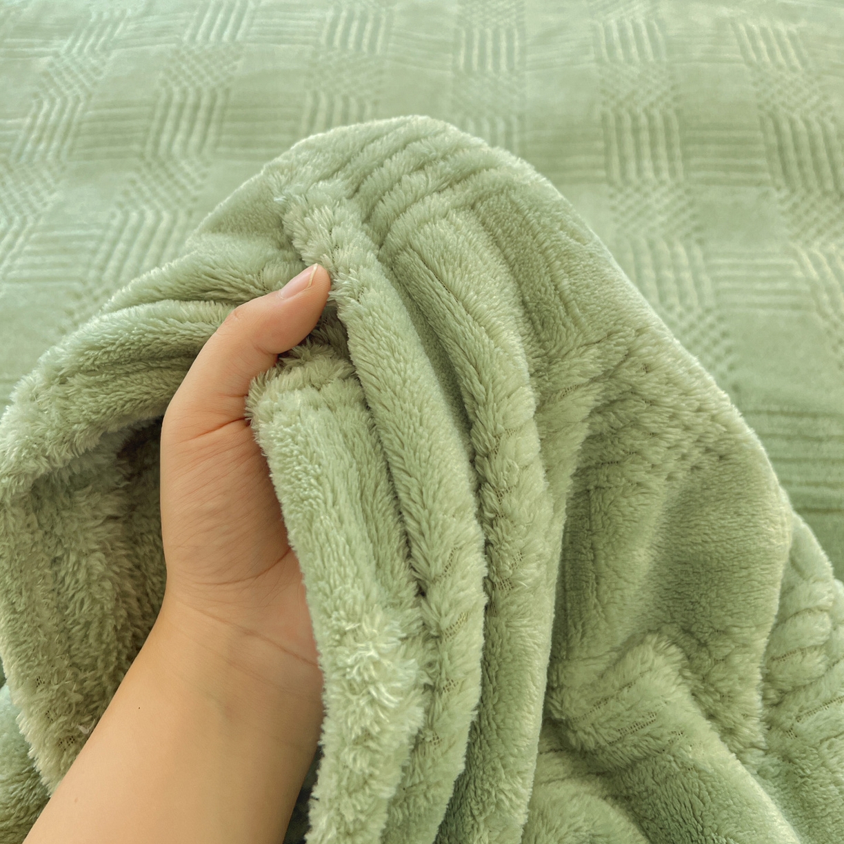 91家纺网 家纺一手货源 找家纺 美洲琳 2025新款提花简约珊瑚绒法莱绒毯毛毯毯子 绿色