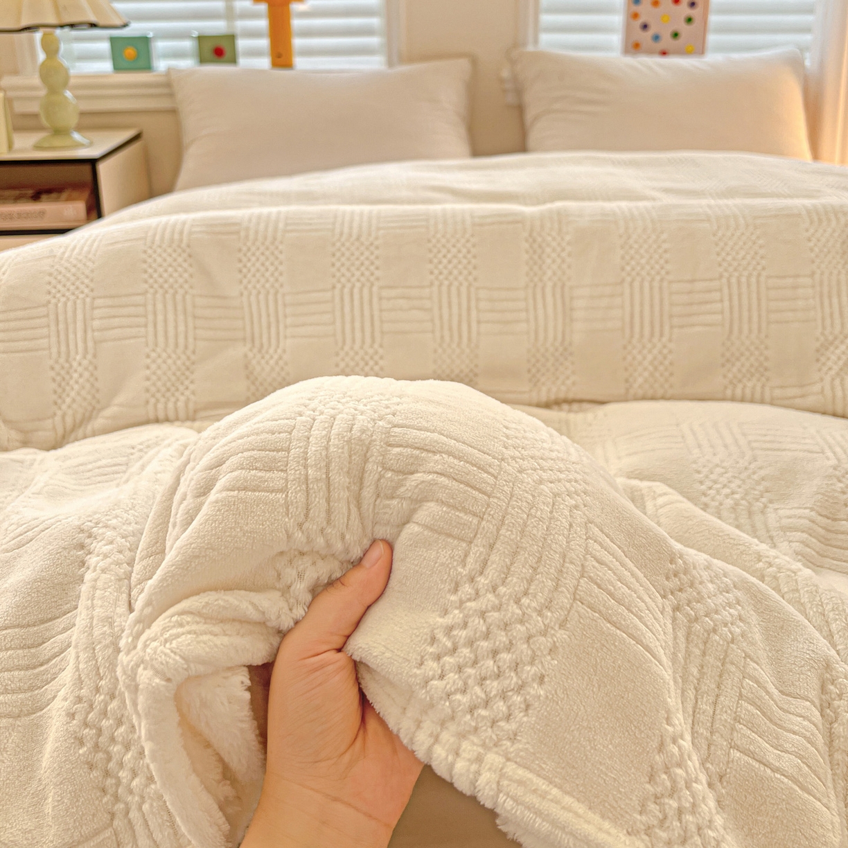 91家纺网 家纺一手货源 找家纺 美洲琳 2025新款提花简约珊瑚绒法莱绒毯毛毯毯子 白色