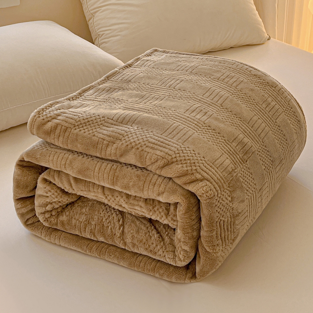 91家纺网 家纺一手货源 找家纺 美洲琳 2025新款提花简约珊瑚绒法莱绒毯毛毯毯子 咖色