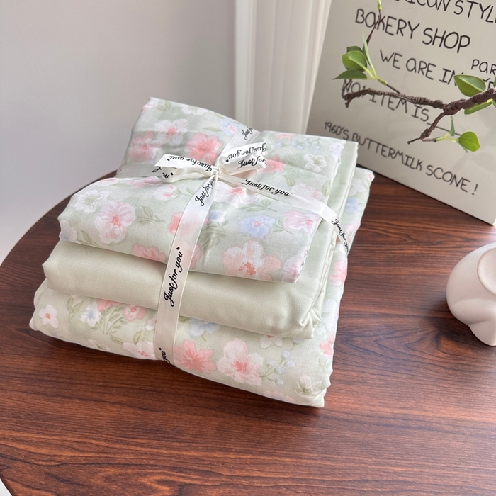 爱思佳 2024新款A类母婴全棉双层纱印花四件套直播热卖系列三 叠拍图 桃花诺-绿