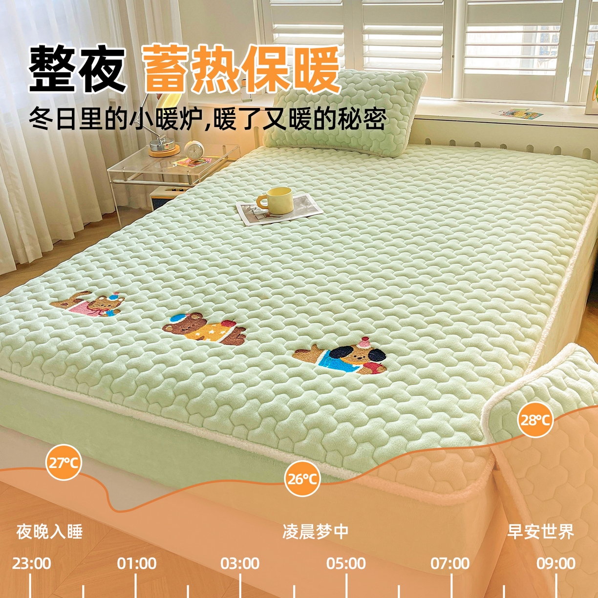 91家纺网 家纺一手货源 找家纺 雯豆家纺 2025新款刺绣牛奶绒夹棉床笠绣花款卡通床笠三件套 萌宠-薄荷绿