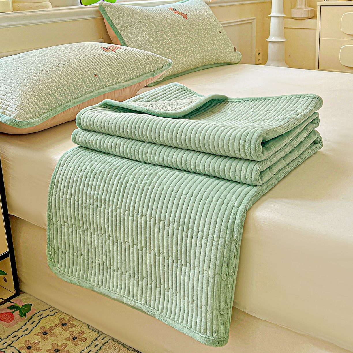 91家纺网 家纺一手货源 找家纺 恒尚居 2025新款学生床盖纯棉牛奶绒正反两用夹棉床单床垫-秋冬款-四季通用【系列一】 布丁狗【A纯棉-B宝宝绒】