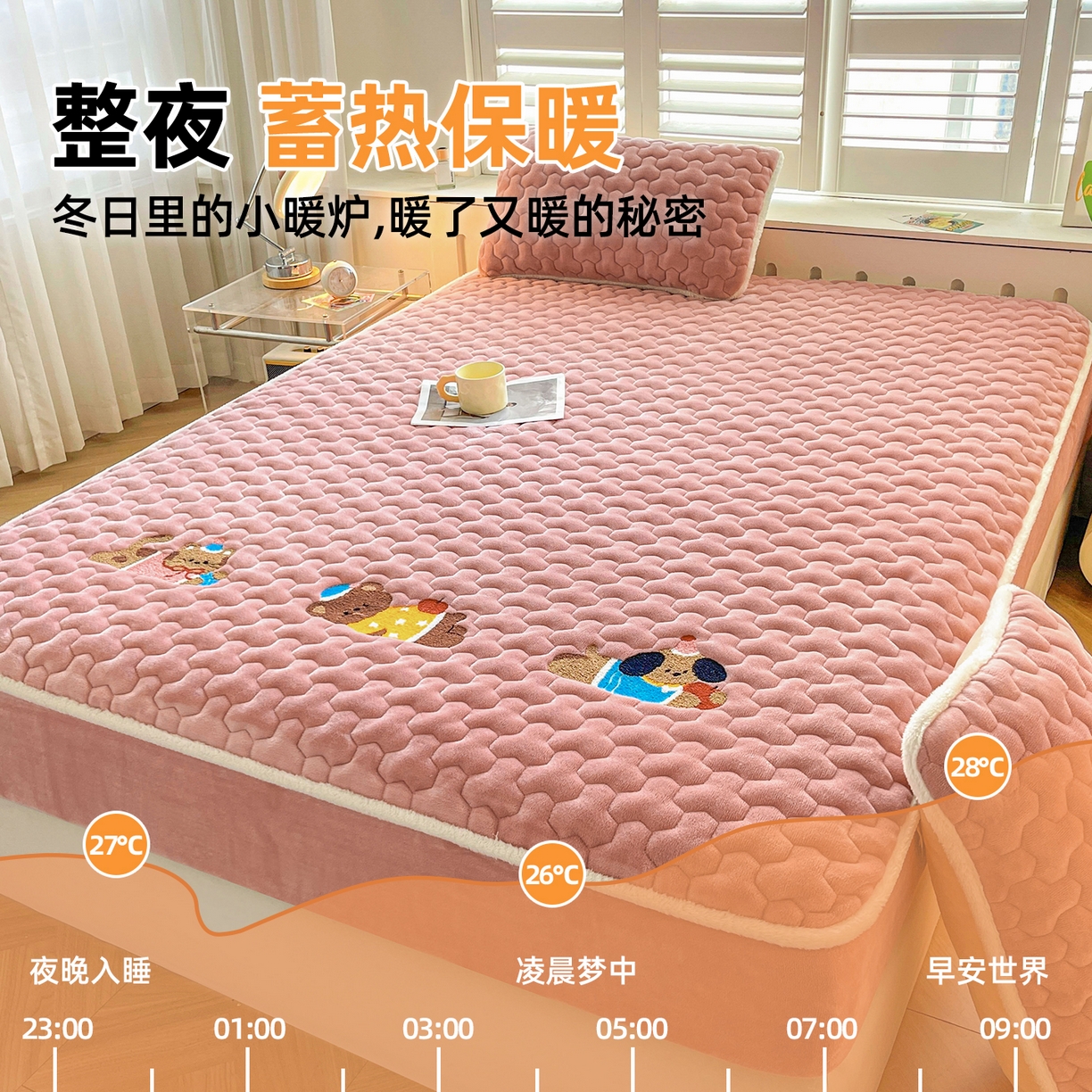 91家纺网 家纺一手货源 找家纺 雯豆家纺 2025新款刺绣牛奶绒夹棉床笠绣花款卡通床笠三件套 萌宠-格调粉