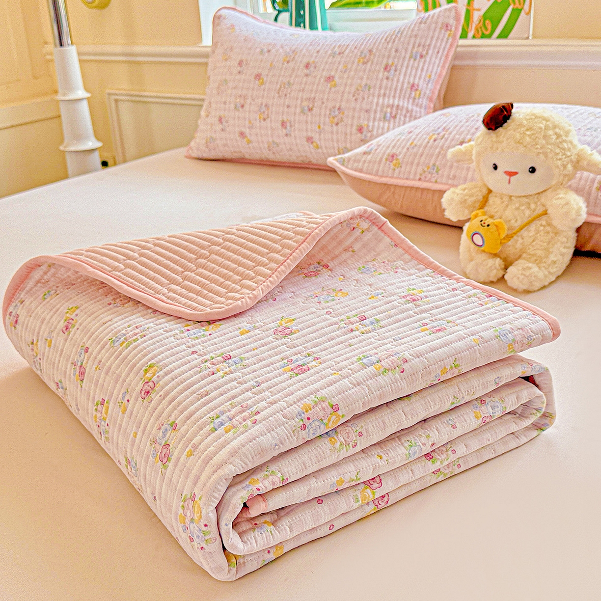 91家纺网 家纺一手货源 找家纺 恒尚居 2025新款双层纱床盖床盖单品单床盖云感夹棉床单床垫软床垫-四季款【系列二】 【美好时光】双层纱