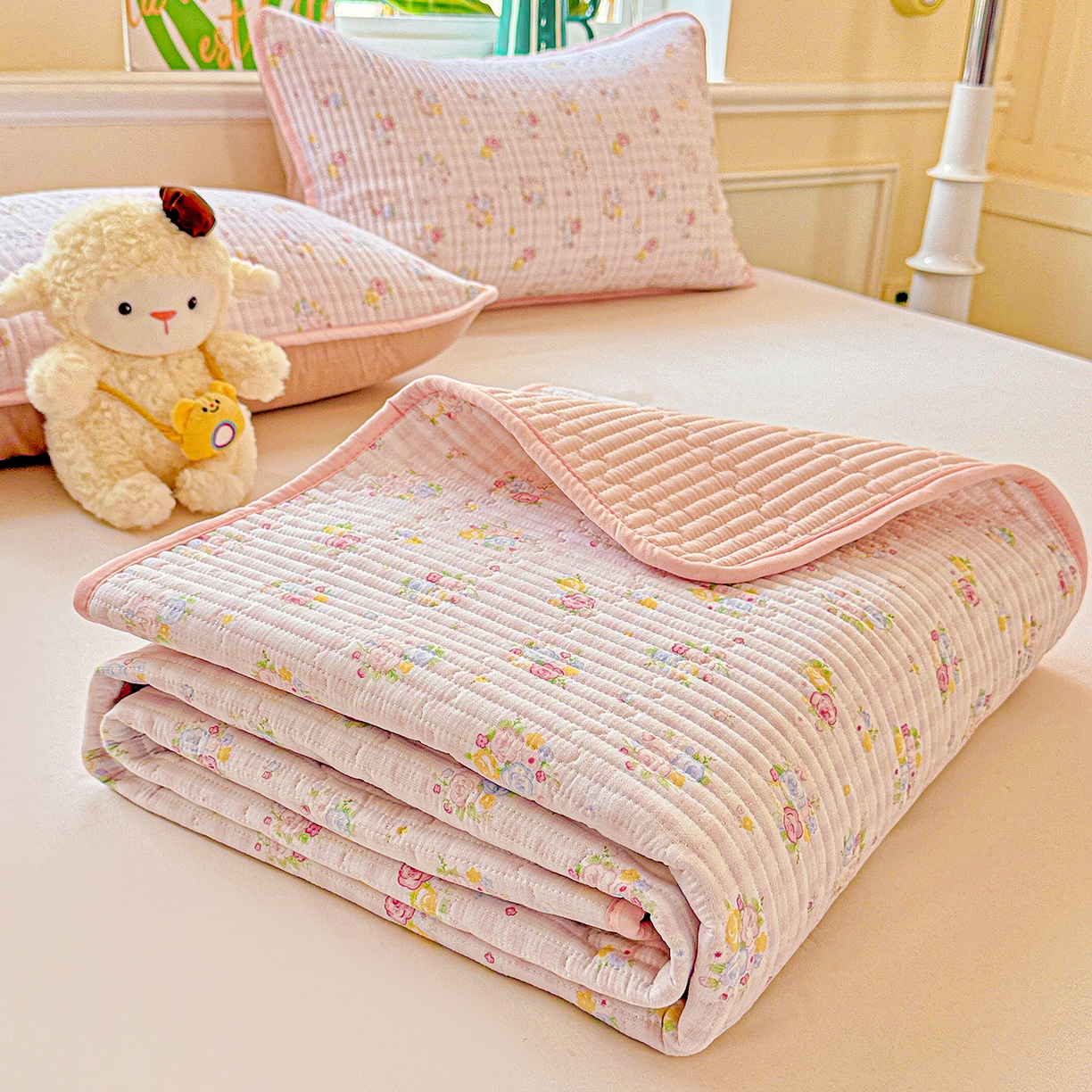 91家纺网 家纺一手货源 找家纺 恒尚居 2025新款双层纱床盖床盖单品单床盖云感夹棉床单床垫软床垫-四季款【系列二】 【美好时光】双层纱