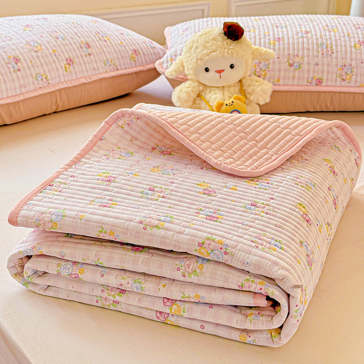 91家纺网 家纺一手货源 找家纺 恒尚居 2025新款双层纱床盖床盖单品单床盖云感夹棉床单床垫软床垫-四季款【系列二】 【美好时光】双层纱