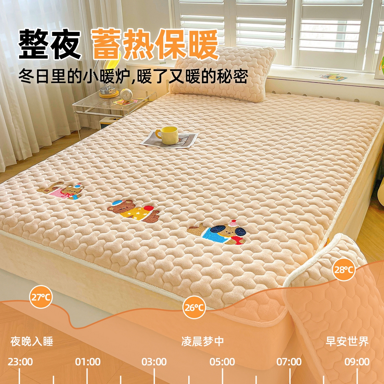 91家纺网 家纺一手货源 找家纺 雯豆家纺 2025新款刺绣牛奶绒夹棉床笠绣花款卡通床笠三件套 萌宠-山茶杏