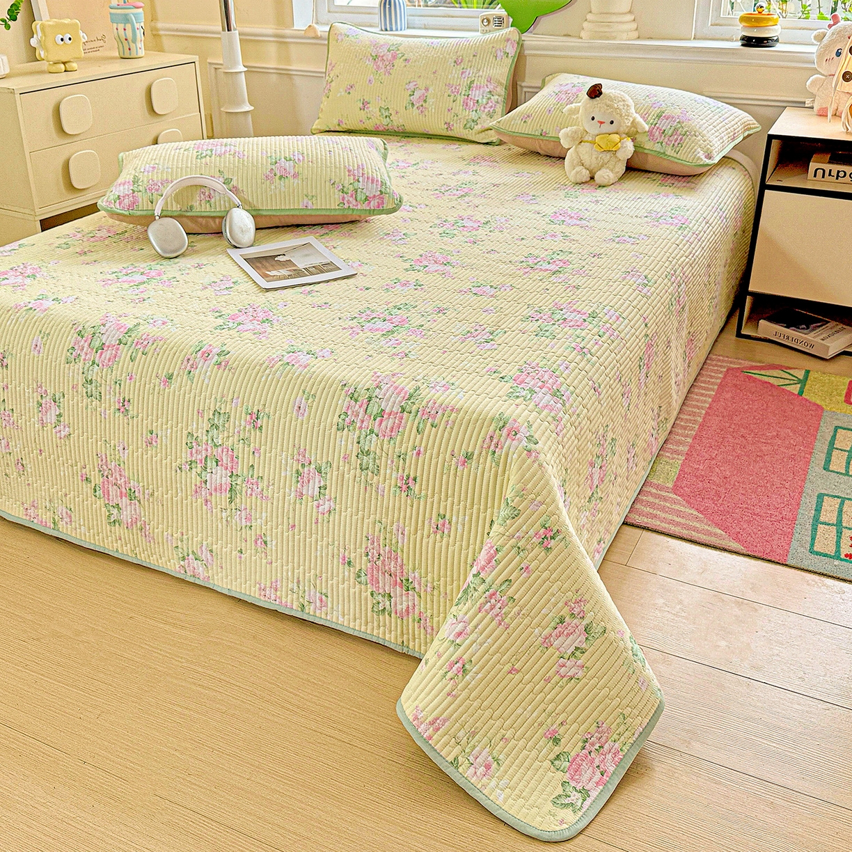 91家纺网 家纺一手货源 找家纺 恒尚居 2025新款双层纱床盖床盖单品单床盖云感夹棉床单床垫软床垫-四季款【系列二】 【花仙子】双层纱